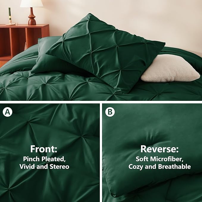CozyLux California King Comforter Set Emerald Green - 7 Pieces Cal King Pintuck Bed in A Bag Gift for Family, Pinch Pleat Bedding Sets with All Season Comforter, Sheets, Pillowcases & Shams
