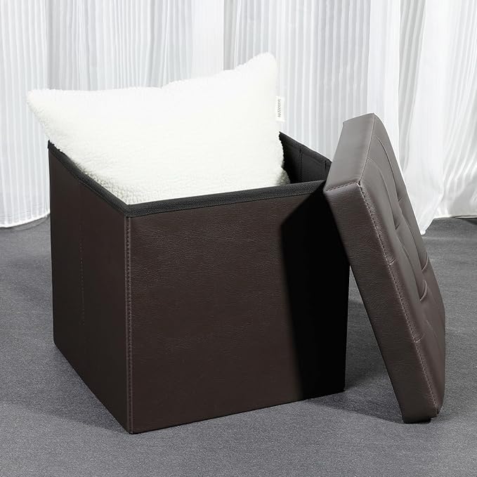 B FSOBEIIALEO Folding Storage Ottoman Cube Footrest Faux Leather for Living Room Seat Chest Brown 12.6"X12.6"X12.6"