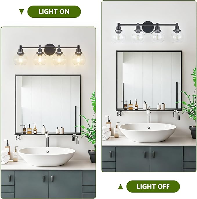 4-Light Bathroom Light Fixture Black Vanity Lights Over Mirror Modern Wall Sconce Farmhouse Vintage Bathroom Vanity Lighting with Glass Shade for Bedroom Hallway Cabinet Bathroom