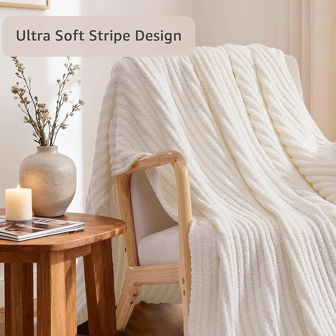 WRENSONGE Striped Throw Blanket, White Soft Cozy Fluffy Warm Hand Made Throw Blankets for Couch, Sofa, Chair, Bed, Camping, Picnic, Travel Lightweight Bed Blanket - 60"*80"