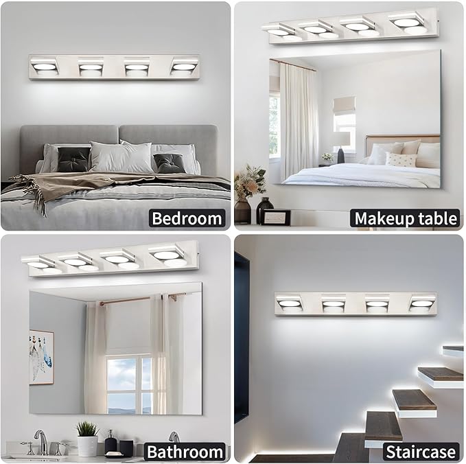 OKELI LED Modern Bathroom Vanity Light Fixtures (4-Light, 30-Inch), Brushed Nickel Acrylic Bathroom Wall Lighting Fixtures Over Mirror, 3CCT, ETL Listed, Dimmable