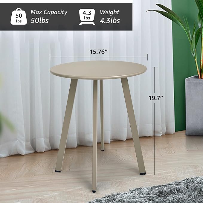 Outdoor Side Table - Weather Resistant Patio Table, Round Metal Steel, Waterproof End Table for Garden, Balcony, Yard, Grey White