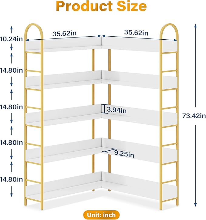 Semoic 5-Tier Gold Bookcase, L-Shape Corner Bookshelf White & Gold, Modern Display Shelf Book Shelves with Adjustable Foot, Freestanding Storage Shelves for Home Office Use