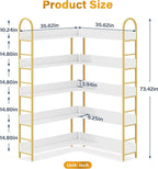 Semoic 5-Tier Gold Bookcase, L-Shape Corner Bookshelf White & Gold, Modern Display Shelf Book Shelves with Adjustable Foot, Freestanding Storage Shelves for Home Office Use