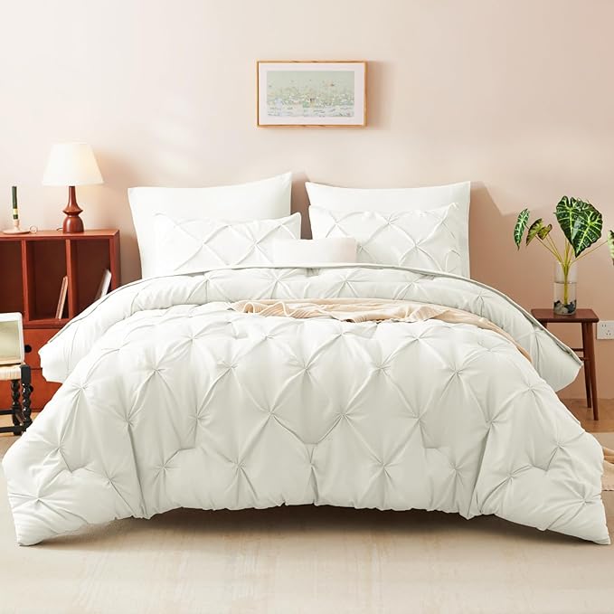 CozyLux Queen Comforter Set Ivory, 7 Pieces Pintuck Bed in A Bag, Premium Ivory Comforter Queen Size, Pinch Pleat Bedding Sets with Comforter, Sheets, Pillowcases & Shams