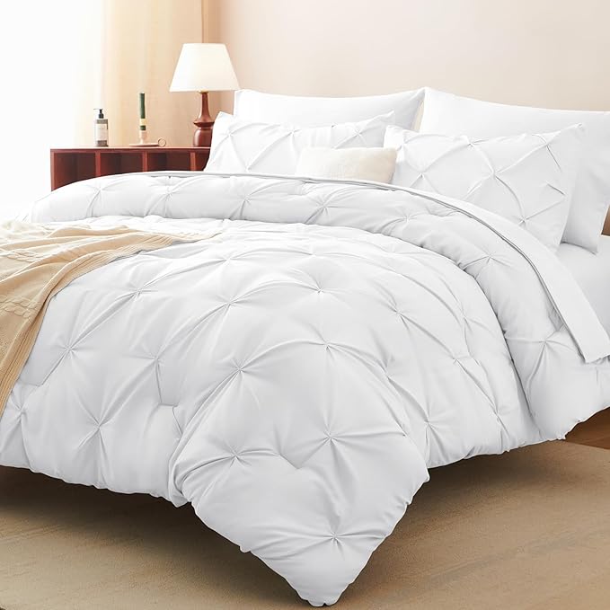 CozyLux Full Size Comforter Sets White, 7 Pieces Pintuck Bed in A Bag White Comforter Full Size, Pinch Pleat Bedding Sets with All Season Comforter, Sheets, Pillowcases & Shams