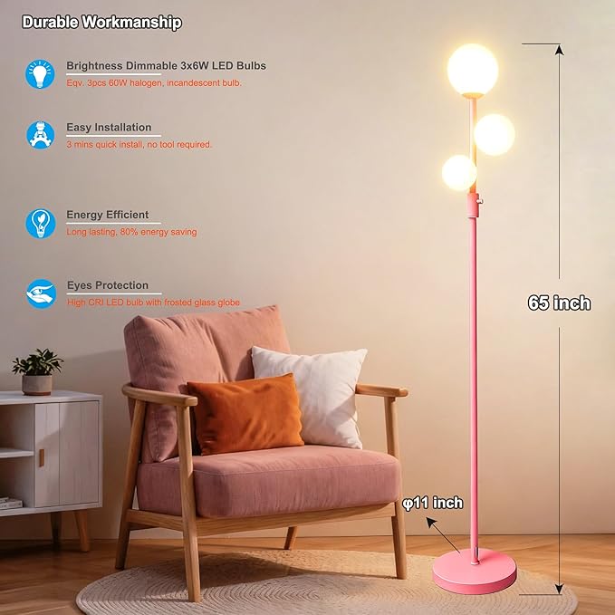 Fiqevs Modern Pink Globe Floor Lamp with Frosted Glass Shade and LED Bulbs, Dimmable Elegant Standing Lamp with Foot Pedal, Tall Pole Lamp for Girls Room, Bedrooms, Office