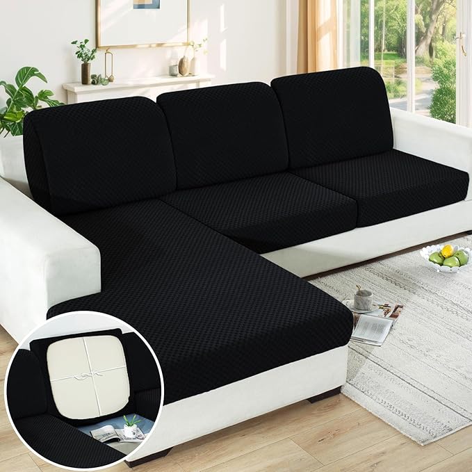 YEMYHOM Stretch Individual Cushion Covers Sofa Chair Seat Cushion Slipcovers Soft Couch Cover Replacement Large Checkered Furniture Protector with Elastic Bottom (1 Pc Cushion Cover, Black)