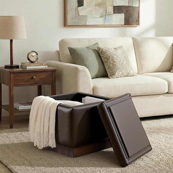 Swivel Storage Ottoman with Hidden Compartment, Square Faux Leather Footstool, Solid Acacia Wood Frame, 500 lbs Capacity, No Assembly Required, for Living Room & Bedroom