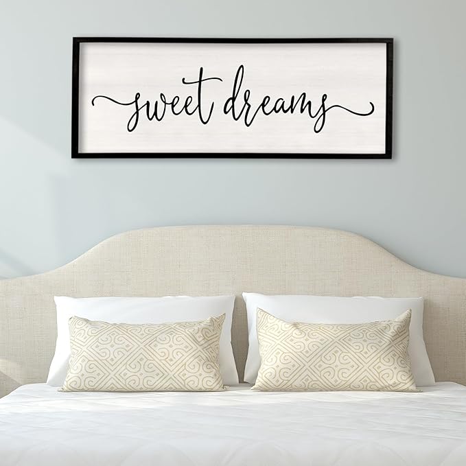 Surfapans Sweet Dreams Wall Decor Above Bed 32"x12" Master Bedroom Guest Room Wood Framed Rustic Over Bed Wall Art Sign (Black)