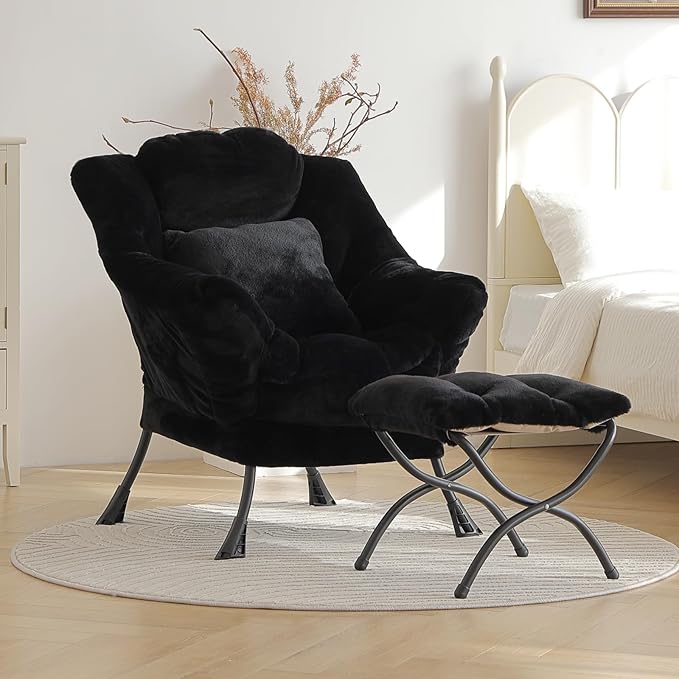 Lazy Chair with Ottoman, Large Black Lounge Accent Chair with Ottoman and FA Throw Pillow, Comfy Plush Reading Chair for Living Room Bedroom Dorm Room Office Apartment Relaxing Use