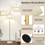 Dimmable Floor Lamp - 3 Lights Gold Arc Floor Lamps for Living Room, 1000LM Modern Tall Standing Lamp with White Shade&Marble Base, Mid Century Tree Floor Lamp for Bedroom Office, 3 LED Bulbs Included
