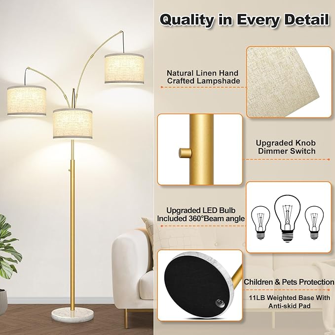Dimmable Floor Lamp - 3 Lights Gold Arc Floor Lamps for Living Room, 1000LM Modern Tall Standing Lamp with White Shade&Marble Base, Mid Century Tree Floor Lamp for Bedroom Office, 3 LED Bulbs Included