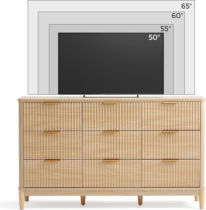 LINSY HOME Fluted Dresser for Bedroom with 9 Drawers, 58" Wide Mid Century Modern Dresser, Tall Boho Chest of Drawers, Large Wood Accent Storage Cabinet for Living Room, Curved Profile Design, Oak