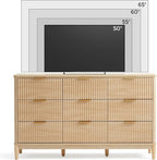 LINSY HOME Fluted Dresser for Bedroom with 9 Drawers, 58" Wide Mid Century Modern Dresser, Tall Boho Chest of Drawers, Large Wood Accent Storage Cabinet for Living Room, Curved Profile Design, Oak