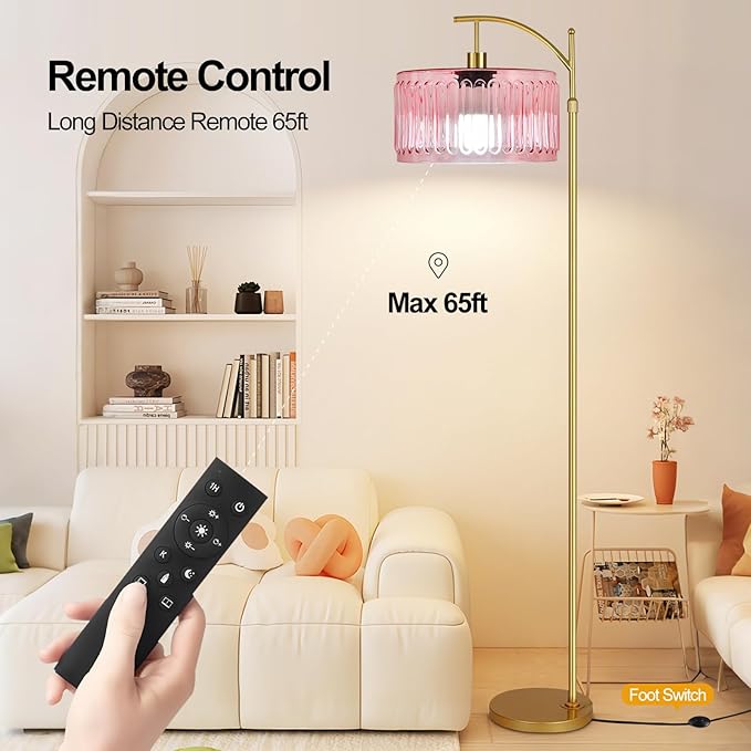 Pink Floor Lamp for Living Room,Bedroom,Gold Dimmable Standing Lamp with Remote,Mid Century Modern Brass Tall Lamp Boho Floor Lamps Arc Stained Glass Flower Floor Light Lamp Girls kids Bohemian