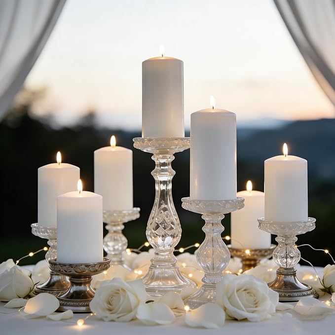 12 Pcs White Pillar Candles Bulk Set, 3 Different Lengths 3 x 3/6/8 Inch (4 Each), Dripless Unscented Smokeless,Hurricane Candles,Gives You a Better Atmosphere When Organizing an Event Party.