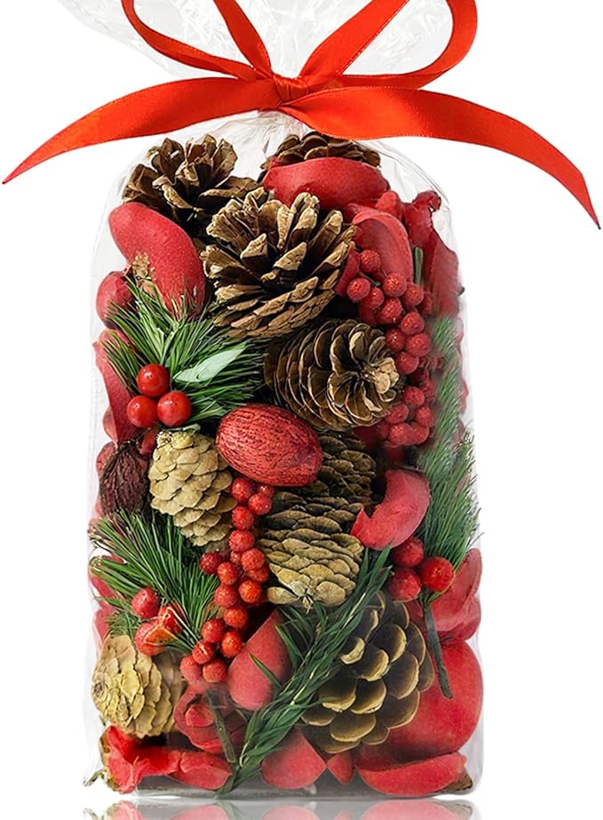 Christmas Potpourri Bag, Apple/Cinnamon Scented Potpourri Bowl Filler,Winter Xmas Red Decorative Dried Flower, Bulk Holiday Bathroom Vase Decor(20 oz)