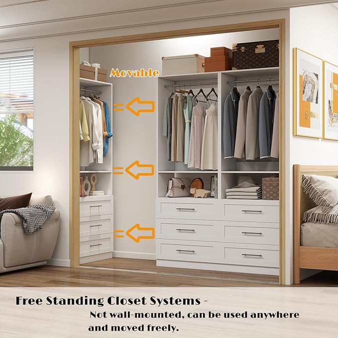 Dilando Closet System with Drawers, 8FT Wood Closet Organizer System Walk-in Closet Standalone Corner Closets Storage with Hanging Rods, White (8FT)