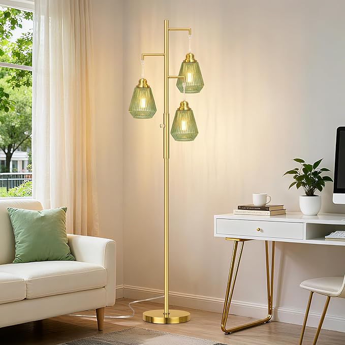 QiMH Glass Floor Lamps for Living Room, Tree Standing Lamp with Stepless Dimmable, 68" Modern Tall Lamps for Bedroom Home Office, Rotary Switch, 3 LED Bulb Included, Brushed Gold