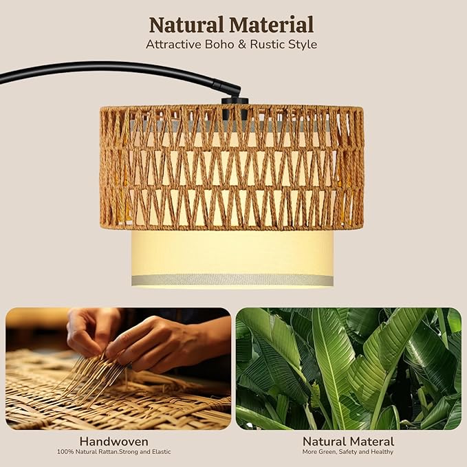 Arc Floor Lamp for Living Room, Rattan Boho Floor Lamp with Remote Control, Black Standing Lamp with 3 Color Temperatures & Dimmable LED Bulb, Tall Lamp for Bedroom, Over Couch Arched Reading Light
