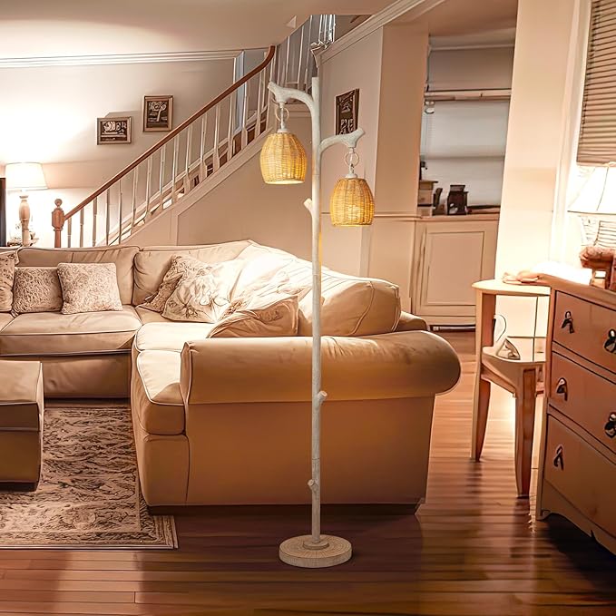 Scenekoy 68" High Farmhouse Rustic Country Cottage Floor Lamp Tree Trunk Faux Wood Column White Washed Wicker Drum Shade Decor for Living Room Bedroom Reading Room
