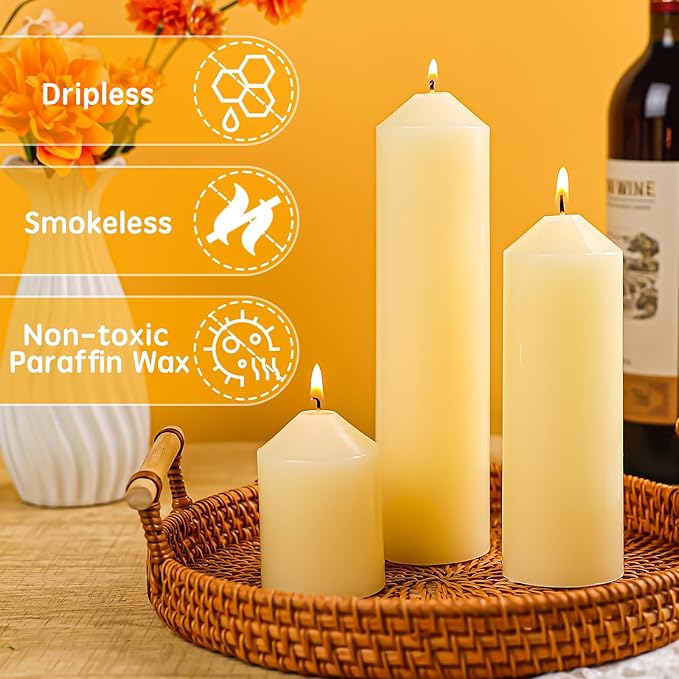 24 Pcs Ivory White Pillar Candles Bulk,2x3 2x6 2x8 Inch-8 Each Size,Large Christmas Pillar Candles Set of 3,Unscented Dripless Smokeless Hurricane Candles for Wedding Engagement Party Ceremony