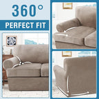 H.VERSAILTEX Sofa Cover 3 Piece T Cushion Loveseat Slipcovers Thick Velvet Couch Cover Furniture Protector Stretch T Cushion Sofa Covers for 2 Cushion Couch with 2 T Cushion Covers Washable, Taupe
