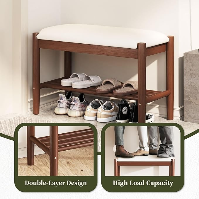 Solid Wood Shoe Bench with Cushion, 2-Tier Shoe Rack for Front Door Entrance, Enterway Benches with Shoe Storage (Walnut, 31.5in)