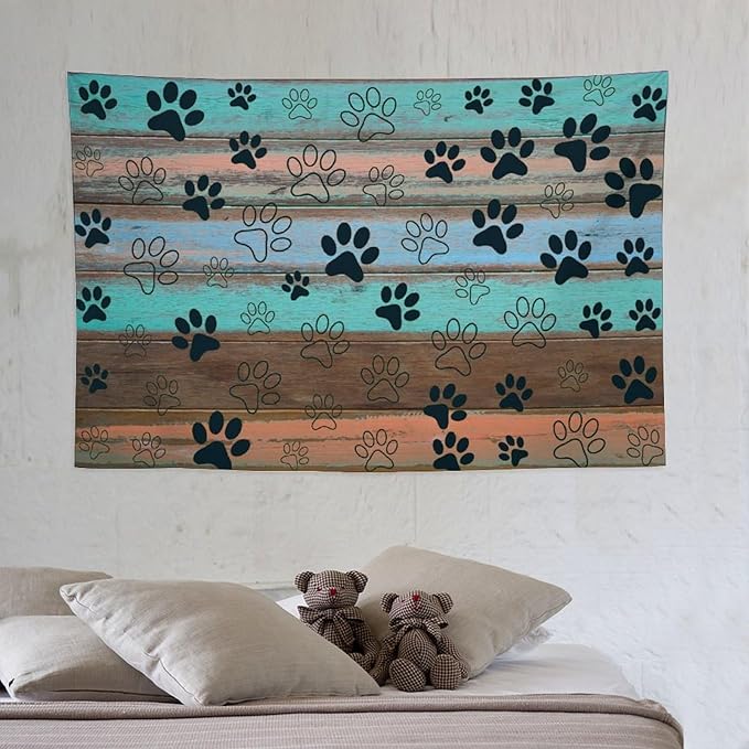 VUMIVI Dog Paw Print Tapestry Rustic Farmhouse Vintage Wood Paneling Home Decor Tapestry Wall Hanging for Living Room Bedroom Dorm Classroom Aesthetic Decor W60xL40in
