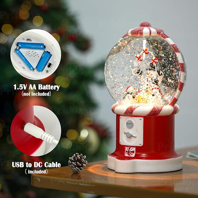 Snowman Snow Globe Christmas Classic Candy Vending Machine Shape Gifts USB/Battery Musical Glitter Snowfall USB/Battery Timer Christmas Decorations Indoor 7.8 inch