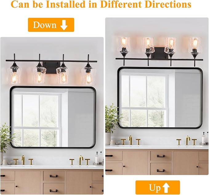 Modern Glass Vanity Light Fixture,4 Light Industrail Black Metal Vanity Light for Bathroom Bedroom Living Room