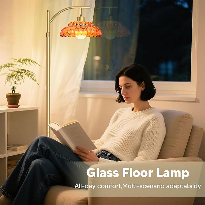 Glass Floor Lamp for Living Room, Standing Lamp with Remote, Dimmable Tall Lamps with Orange Glass Shade, Mid Century Modern Floor Lamps for Bedroom, 12W LED Bulb Included