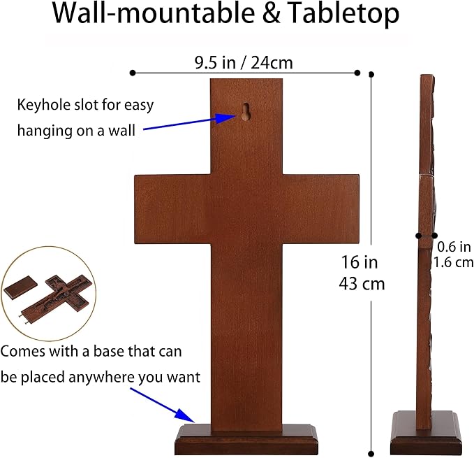 Crucifix Wall Cross for Home Decor, Handmade Religious Wood Cross for Hanging Wall Or Table, Catholic Christian Gifts for Church Home Room Christmas Décor with Blessed, Symbol of Redemption, 15 in