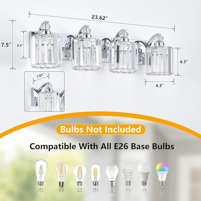 4-Light Modern Bathroom Light Fixture Chrome Vanity Lights Over Mirror Wall Sconce Lighting with K9 Crystal Shades Bathroom Wall Lamp E26 Base for Bedroom, Living Room, Hallway, Cabinet