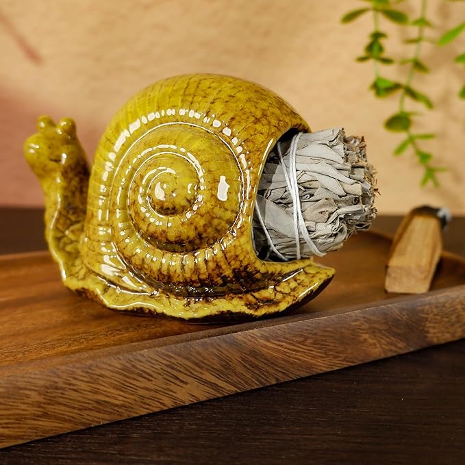 Handcrafted Yellow Ceramic Snail Palo Santo Holder - Mini Fireplace Incense Burner for Sage, Wood Sticks, Cones & Tealights - Unique Aromatic Smudge Bowl for Yoga and Meditation Gifts