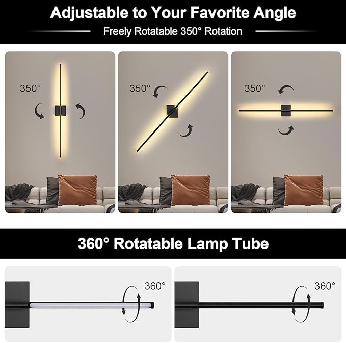 Wall Sconces Set of Two with Remote Control, 39.4 in Dimmable Black Battery Operated Wall Lights, 350° Ratation 3000K-6000K LED Wireless Rechargeable Sconce for Bathroom, Living Room, Bedroom