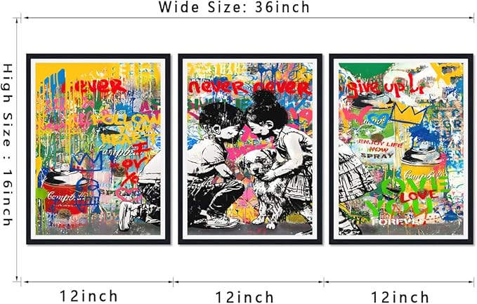 Novatique Colorful Graffiti Wall Art Banksy Canvas Wall Art Street Teenager Graffiti Poster Canvas Print for Living Room Bedroom,12" x 16" x 3Pcs