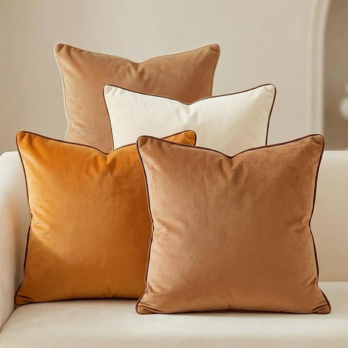 Mecatny Set of 4 Velvet Throw Pillow Covers 20x20, Soft Colorful Accent Decorative Couch Pillow Covers for Sofa Bedroom Living Room, Brown/Khaki