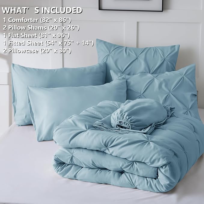 CozyLux Full Size Comforter Sets Light Blue, 7 Pieces Pintuck Bed in A Bag Blue Comforter Full Size, Pinch Pleat Bedding Sets with All Season Comforter, Sheets, Pillowcases & Shams