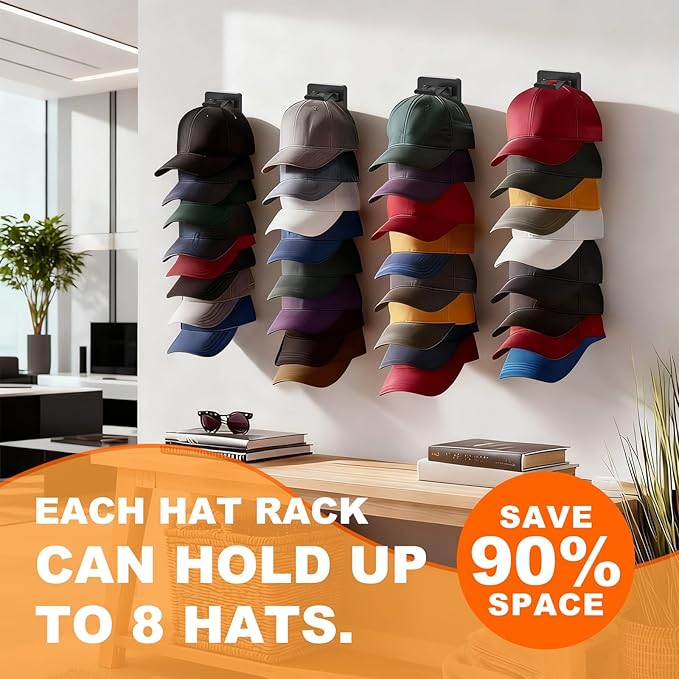 1 Pack Hat Organizer for Baseball Caps, Hat Rack for Wall Hold Up 8 Hats, Strong Adhesive & Screw-in Cap Holder hat hangers for Closet Door & Bedroom (Black-1Pack)