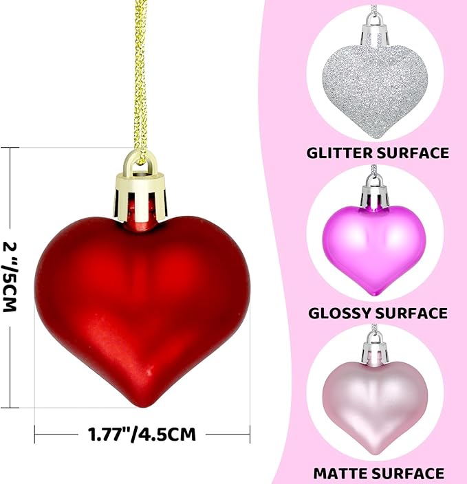48PCS Heart Ornaments Valentine Ornaments for Tree Decorations, Valentines Day Heart Decorations (4 Colors)