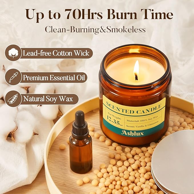 Vanilla and Cinnamon Candle,12.35oz Scented Candles with 8% Essential Oils,70 Hour Burn Time Soy Wax Candles for Home Decor,Reading,Jar Candle Gifts for Women and Men