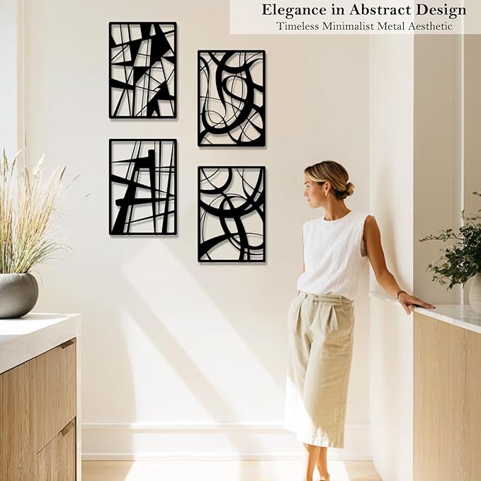 TENTENRI Black Metal Abstract Wall Art 4 Pack Minimalist Décor Line Art Wall Décor for Living Room Bedroom Office Decor