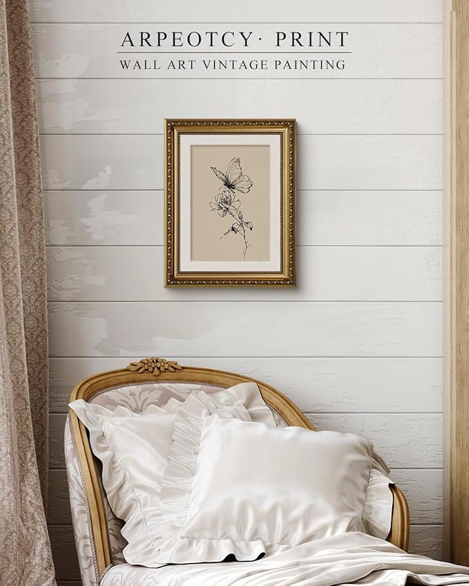 ARPEOTCY 11x14 Inch Framed Butterfly and Flower Line Art Wall Deco, Vintage Botanical Sketch Canvas Print with Gold Frame, Minimalist Black and White Wall Art for Bedroom Living Room Offic