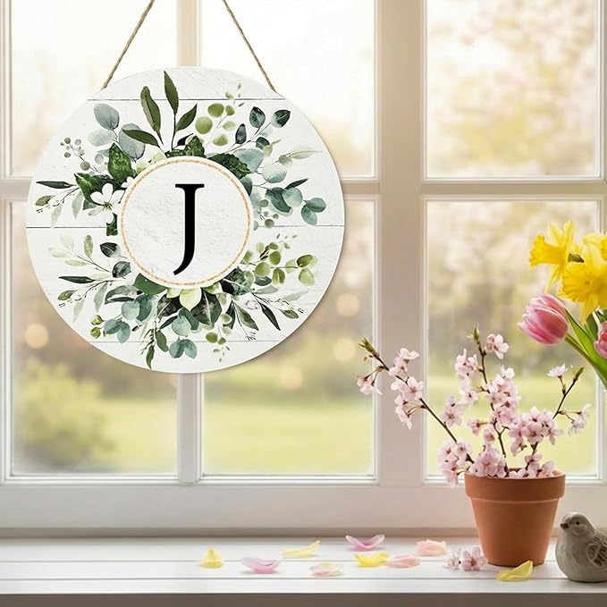 Smile Monogram Letter J Wreaths Wooden Welcome Sign, Family Last Name Initial Front Door Wall Decoration, Floral Spring Summer Porch Rustic Home Kitchen Decor