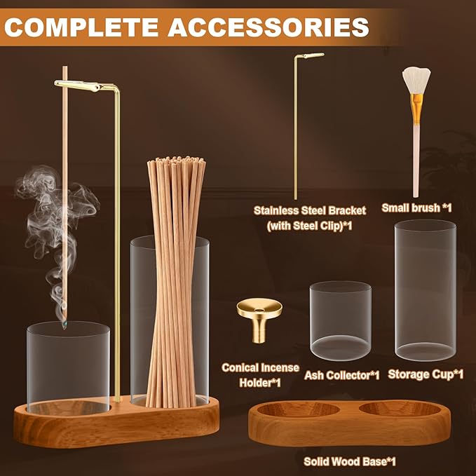 3-in-1 Incense Holder for Sticks, Incense Burner Holder with Glass Ash Catcher & Stick Storage, Bedroom House Yoga Meditation Zen Decor, Spa Gifts for Women, Unique Cozy Home Decor, Natural Wood