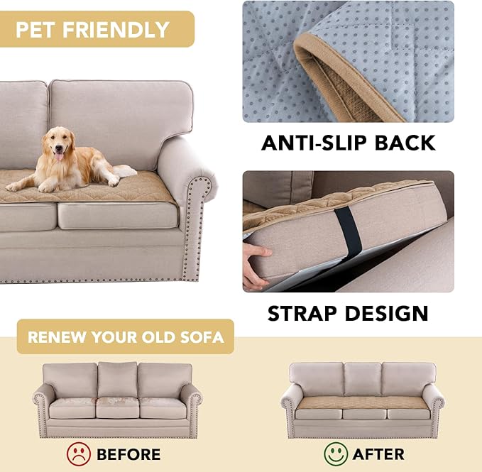 H.VERSAILTEX Couch Cover Chenille Pet Fuzzy Sofa Covers for 3 Cushion Couch Anti Slip Washable Sofa Slipcovers with Strap Soft Couch Protector Cover for Dogs Cats Kids(27.6" x 82",Khaki)