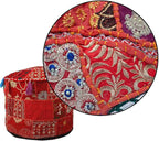 Aakriti Gallery Indian Pouf Footstool Ethnic Embroidered Pouf Cover - Round Ottoman Pouffe - Red, 18x13
