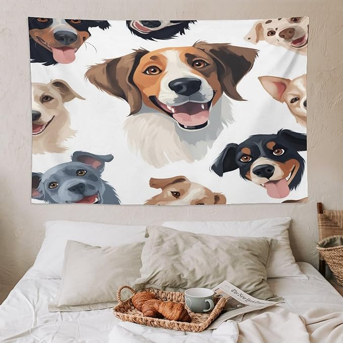 VUMIVI Cartoon Dog Tapestry Black & White Pet Dog Heads Cute Illustration Modern Creative Design Tapestry Wall Hanging for Living Room Bedroom Dorm Classroom Aesthetic Decor W90xL60in